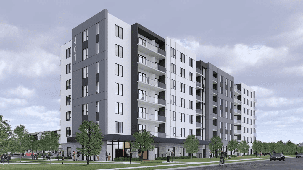 Two 7-storey apartment buildings located at 401 Lakeview Dr in Woodstock, Ontario